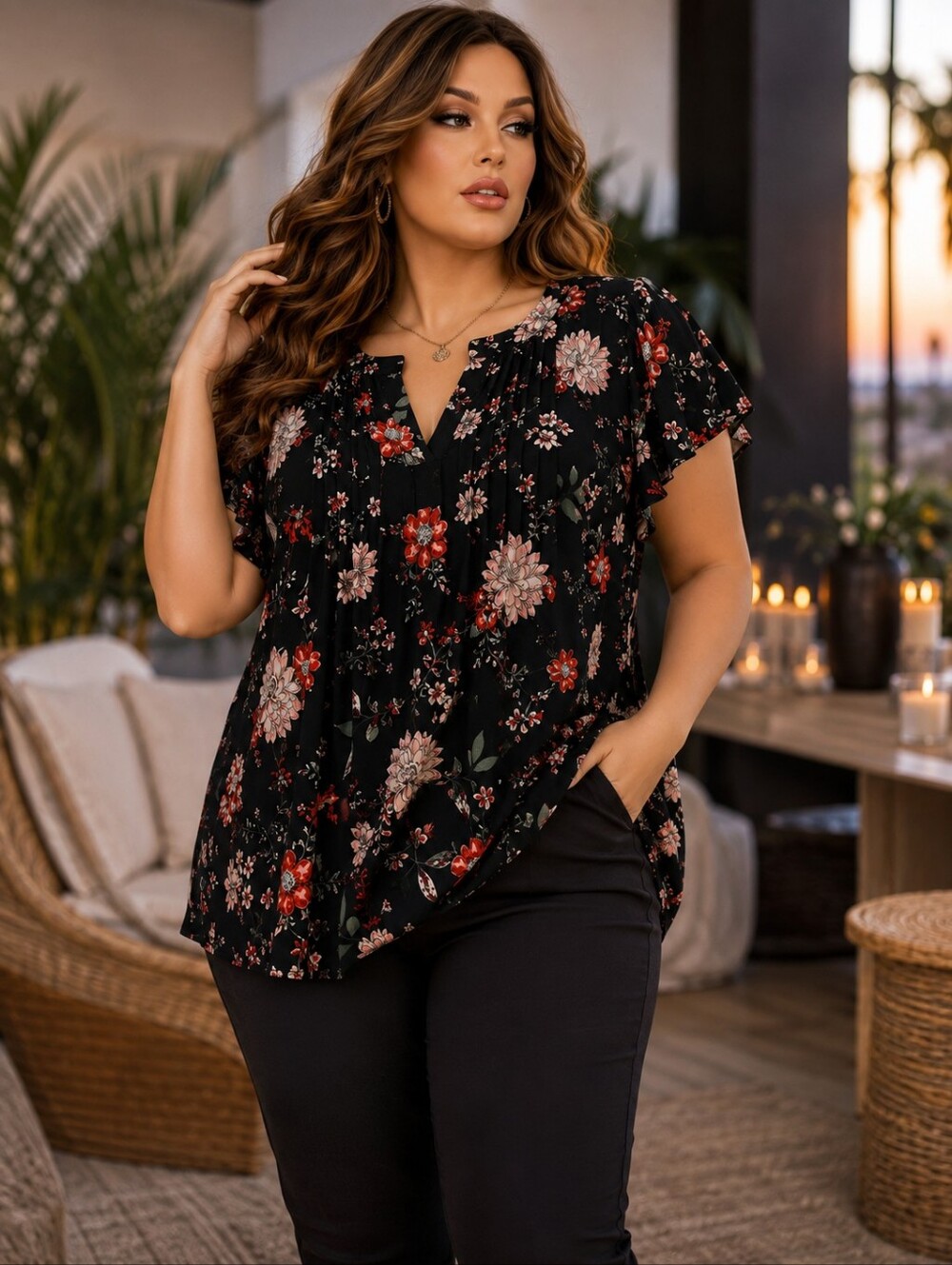 Perception Woman         3X Plus Black Floral Flutter Sleeve Pleated Bust Blouse